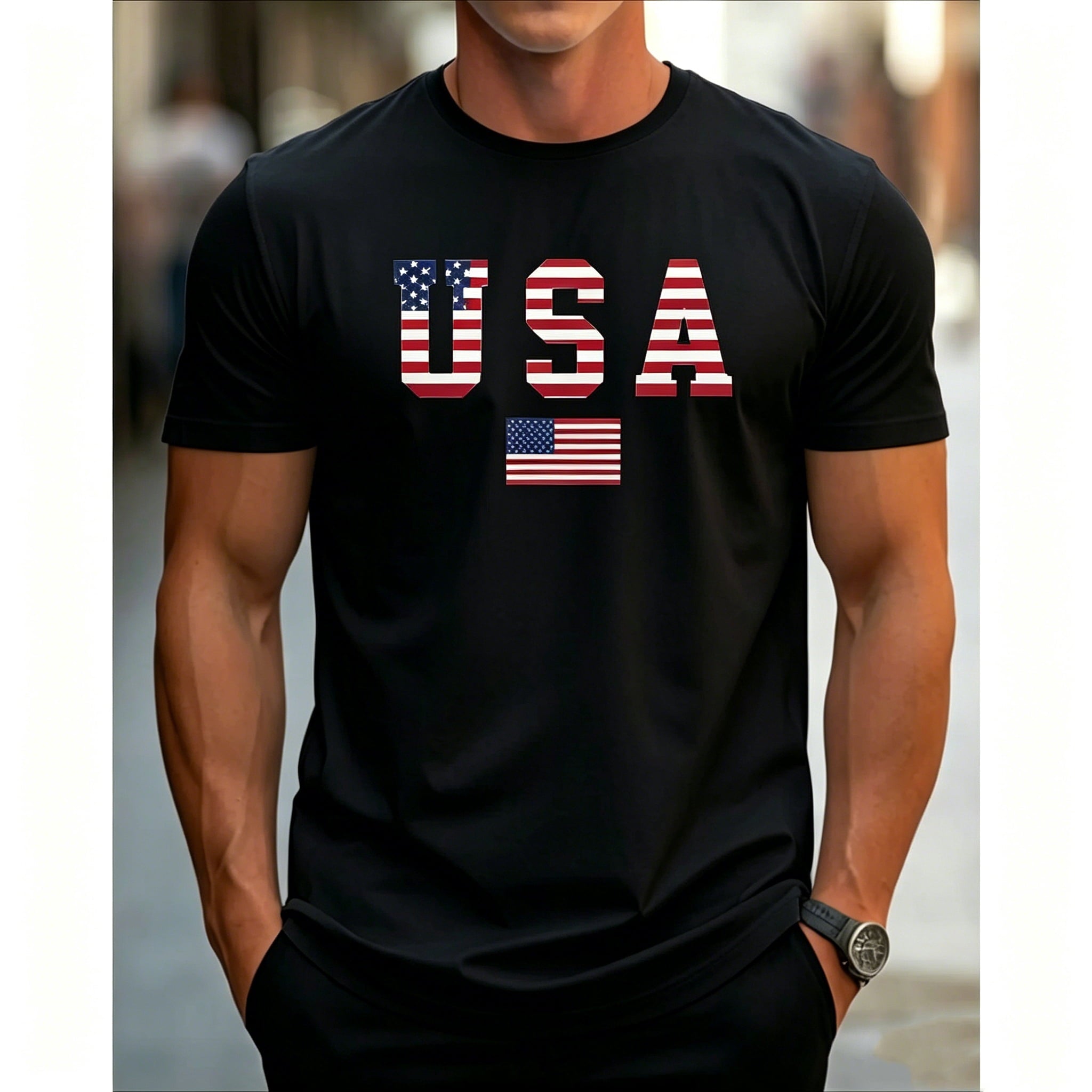 [100% Cotton] Men's Patriotic USA Flag Print Cotton T-Shirt -  Cotton Crew Neck Short Sleeve, Slight Stretch Knit Fabric, Regular Fit All-Season Comfort