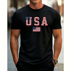 [100% Cotton] Men's Patriotic USA Flag Print Cotton T-Shirt -  Cotton Crew Neck Short Sleeve, Slight Stretch Knit Fabric, Regular Fit All-Season Comfort