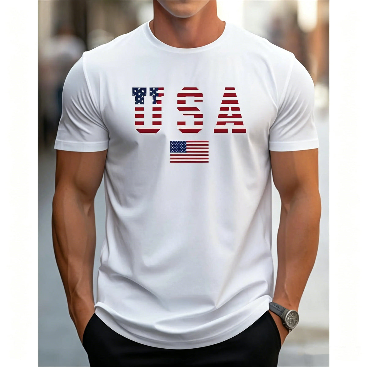 [100% Cotton] Men's Patriotic USA Flag Print Cotton T-Shirt -  Cotton Crew Neck Short Sleeve, Slight Stretch Knit Fabric, Regular Fit All-Season Comfort