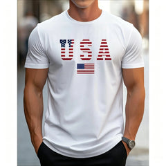 [100% Cotton] Men's Patriotic USA Flag Print Cotton T-Shirt -  Cotton Crew Neck Short Sleeve, Slight Stretch Knit Fabric, Regular Fit All-Season Comfort