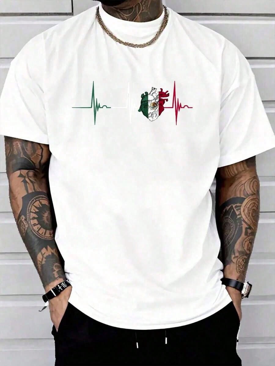 100% Cotton Mexico Heart Mexico Flag Heartbeat EKG Pulse Mexican Pride T-Shirt