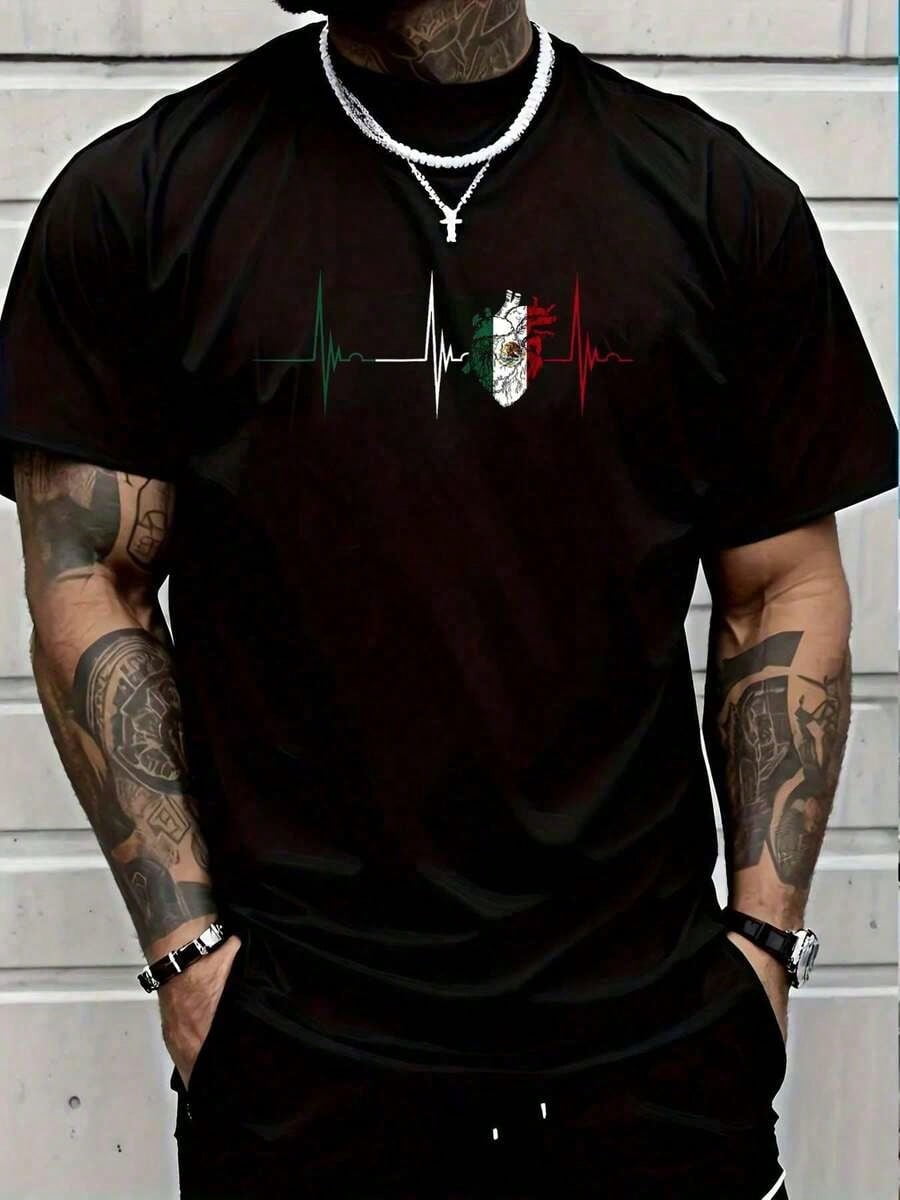 100% Cotton Mexico Heart Mexico Flag Heartbeat EKG Pulse Mexican Pride T-Shirt
