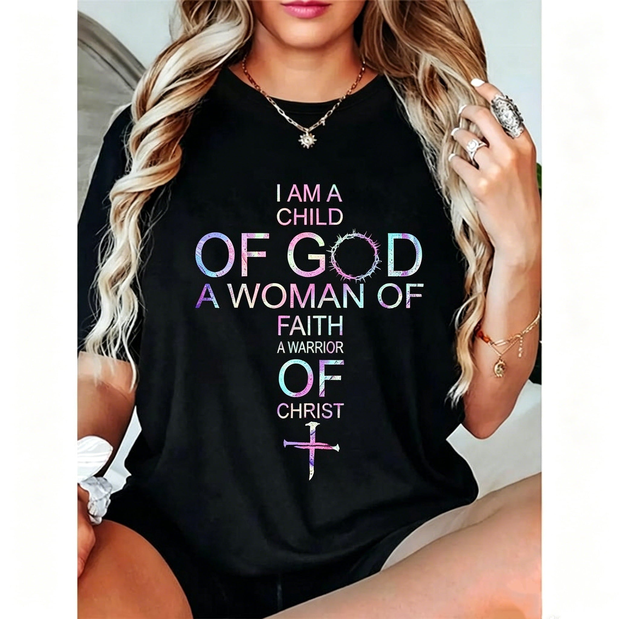 100% Women's Christian Faith T-Shirt - "I Am a of God, A Woman of Faith, A Warrior of Christ" Inspirational Short Sleeve Round Neck Casual Tee with Geometric Print
