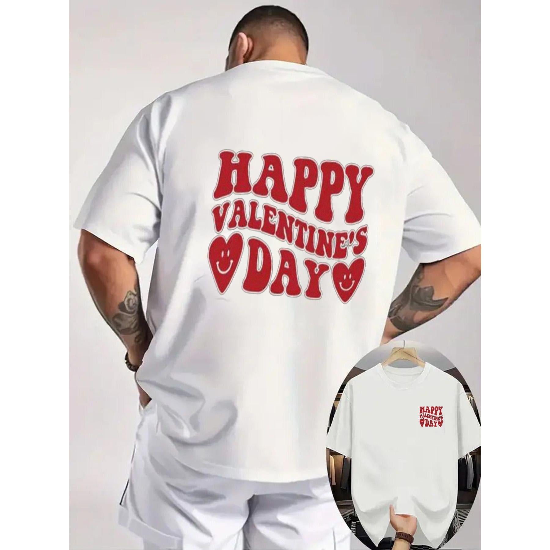 Black Crew Neck Short Sleeve Tee with Red Text & Heart Designs on Back/Left Chest, Casual Tattoo-Friendly, Light Gray Background - Perfect for Valentine'S Day Gift, Beach Wear with White Shorts