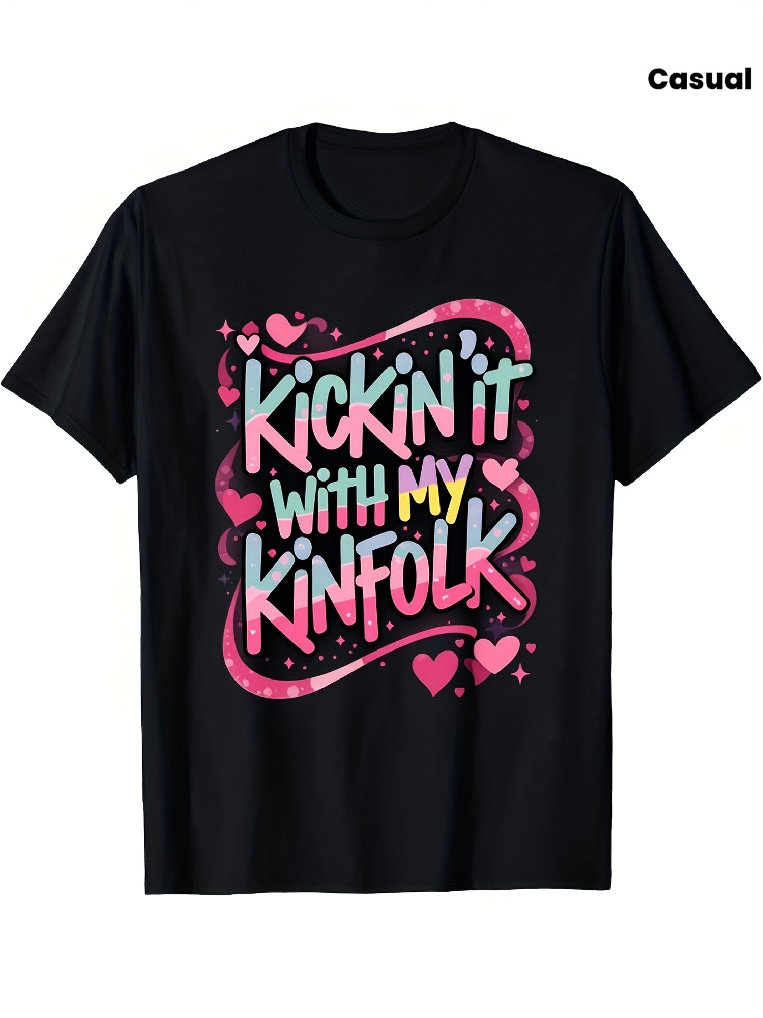 Kickin It With My Kinfolk Family Reunion Graphic T‑Shirt, Cute Heart Design Casual Short Sleeve Tee for Women