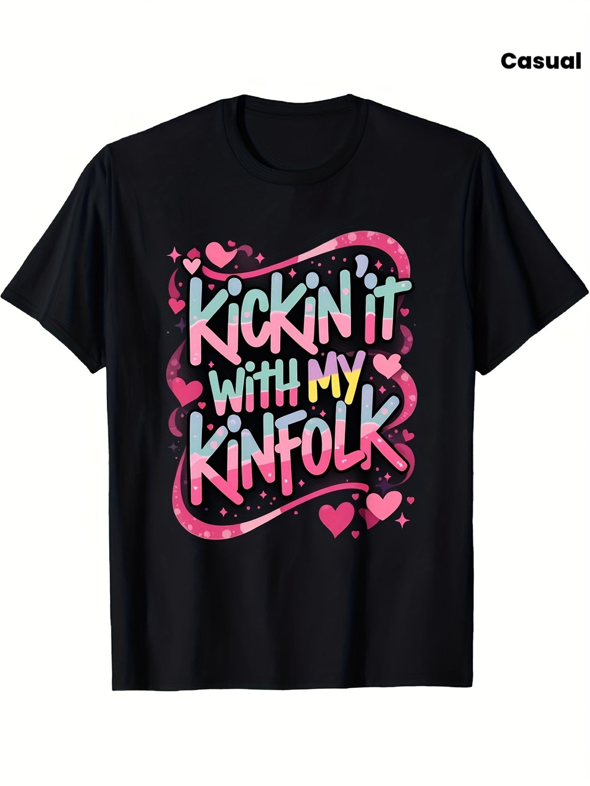 Kickin It With My Kinfolk Family Reunion Graphic T‑Shirt, Cute Heart Design Casual Short Sleeve Tee for Women
