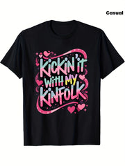 Kickin It With My Kinfolk Family Reunion Graphic T‑Shirt, Cute Heart Design Casual Short Sleeve Tee for Women