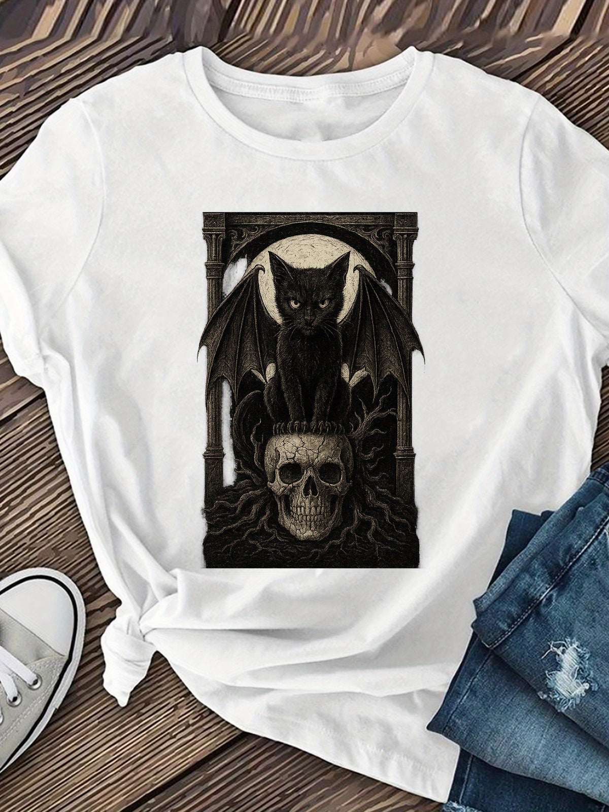 Black Cat Pattern Women's Short-sleeved Shirt with Wings