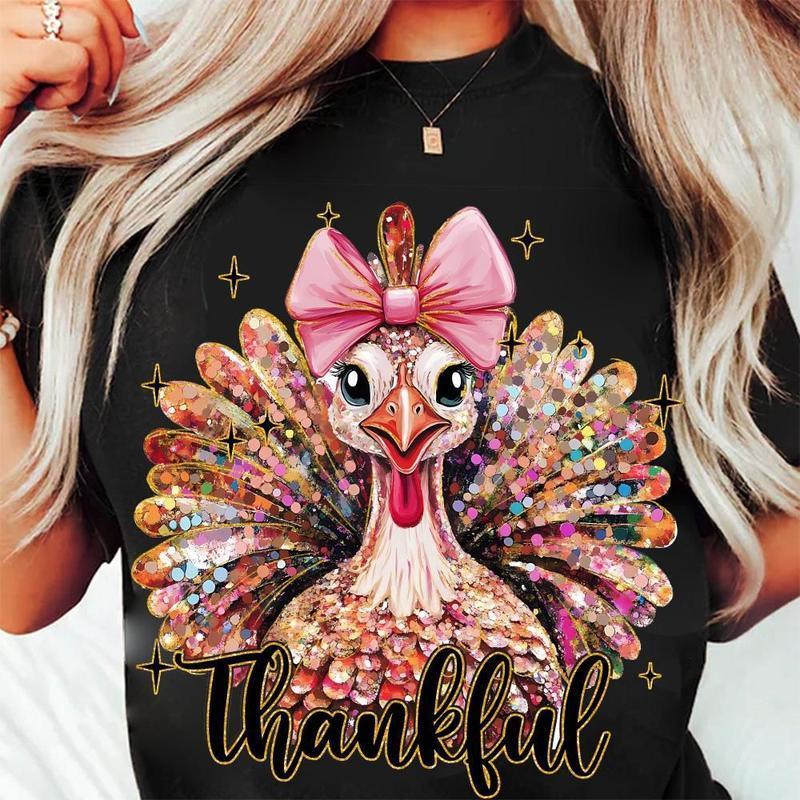 Colorful Coquette Turkey Shirt Thanksgiving Pink Bow Fall Trending Halloween Crew Neck Cotton Relaxed Fit Comfortable Unisex Casual Shortsleeve T-Shirt USA Made Top Womenswear Black Streetwear long sleeve tops