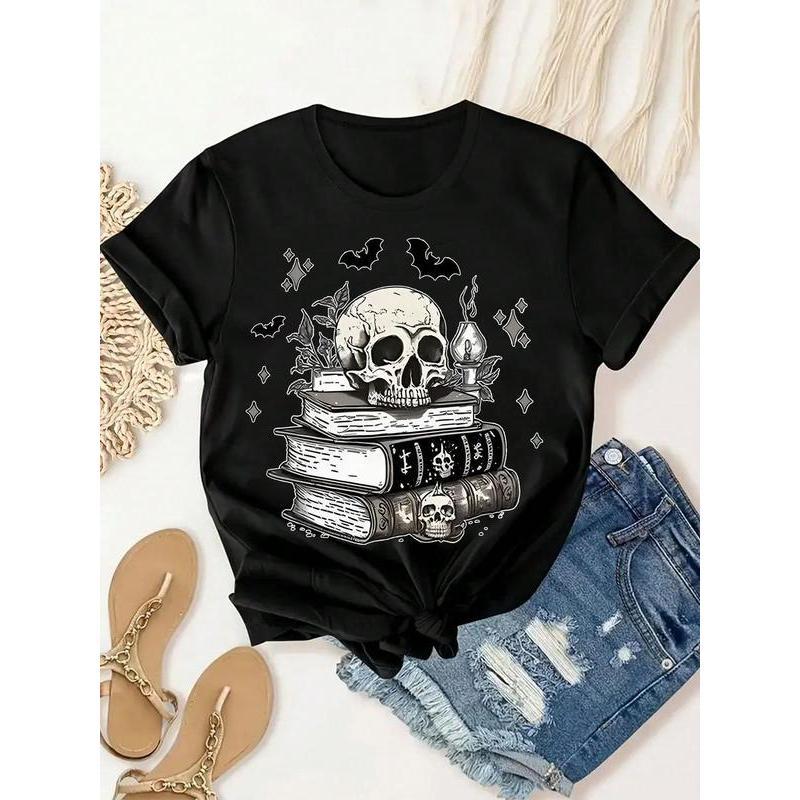 Women's Gothic Skull Book Graphic T-Shirt - Black CasualCrew Neck Short Sleeve Tee with Bat