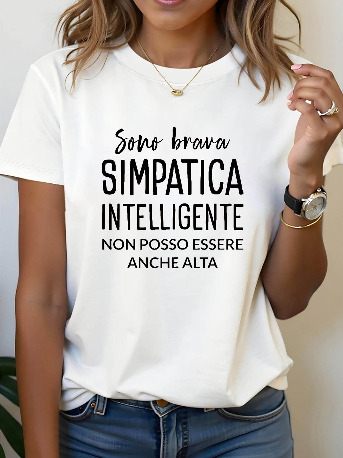 Sono Brava SIMPATICA INTELLIGENTE NON POSSO ESSERE ANCHE ALTA Letter Print Women's T-shirt, Short Sleeve Crew Neck Casual Top for Summer & Spring, Women's Clothing