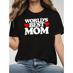 World's Best Mom Shirt For Mother's Day T-Shirt- Printed Crew Neck T-Shirt For Women - Casual Crew Neck, Short Sleeve, Breathable 100% Cotton Top