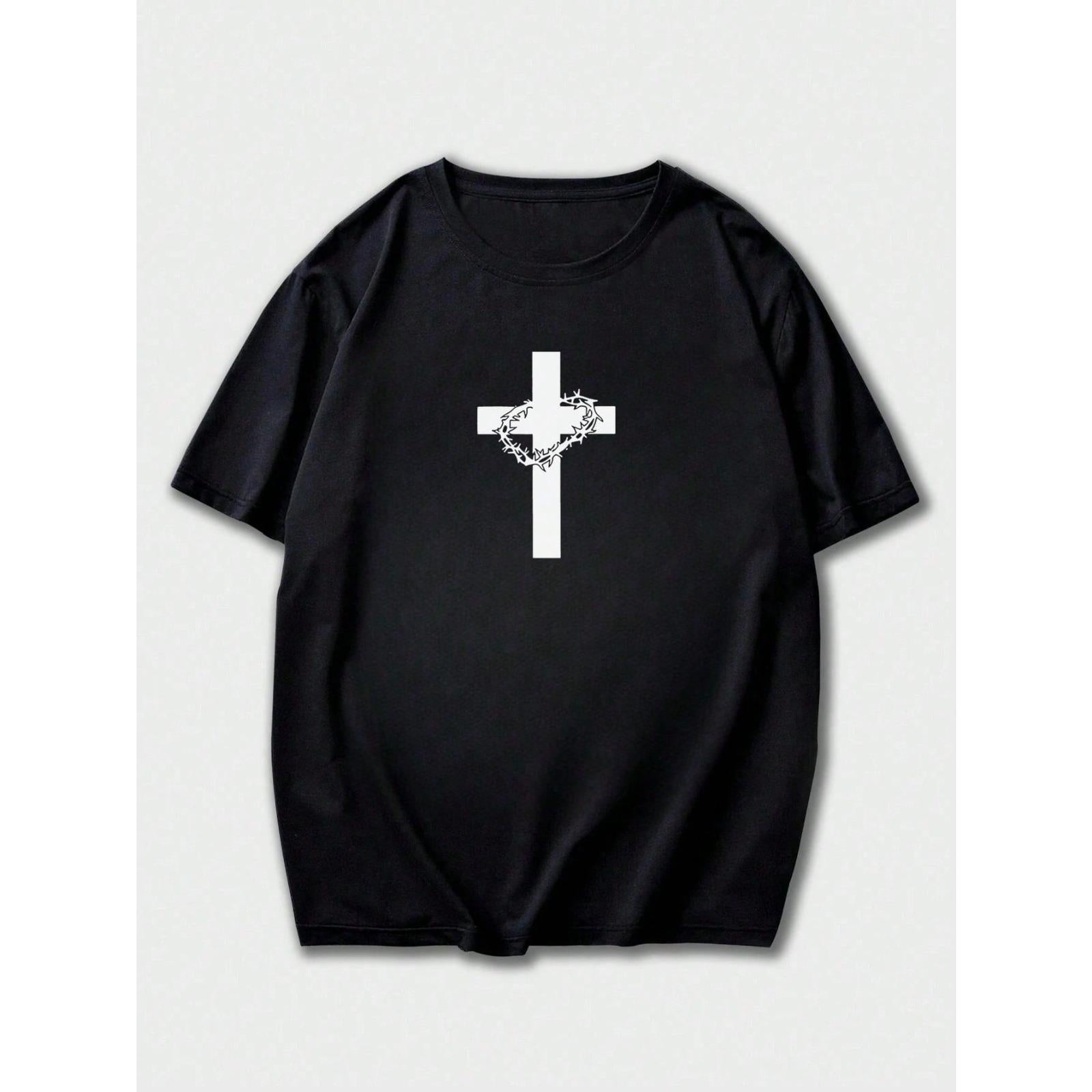 Men's Casual Versatile Simple English Slogan & Cross Print Short Sleeve T-Shirt Funny cotton gift tee