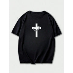 Men's Casual Versatile Simple English Slogan & Cross Print Short Sleeve T-Shirt