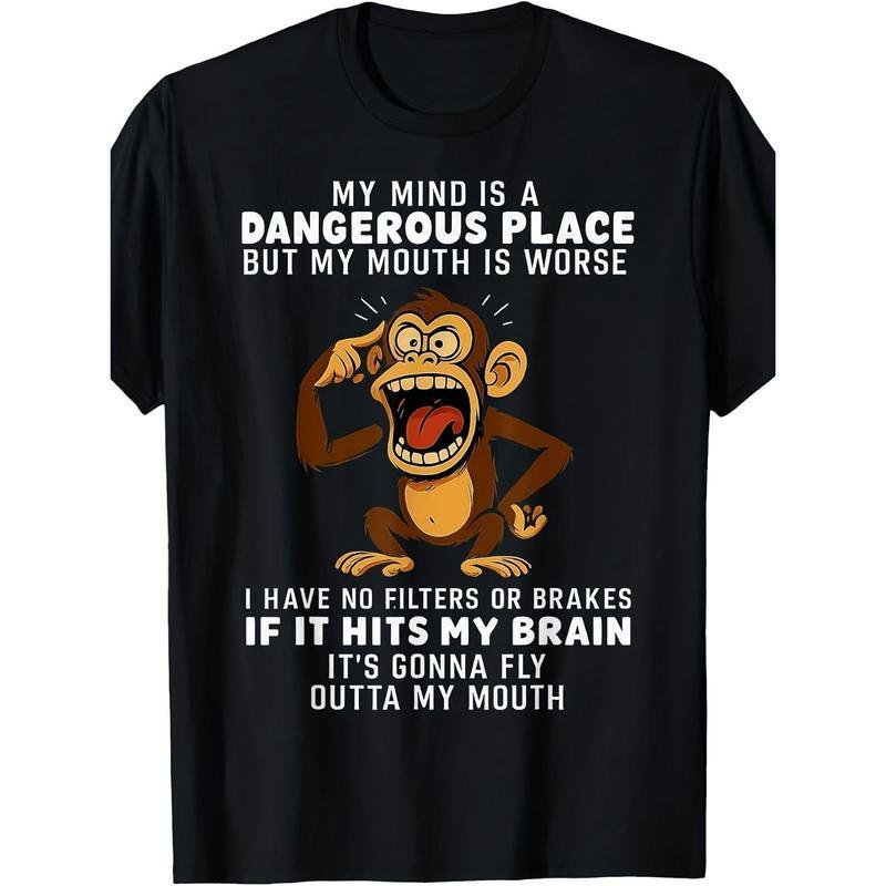 Mens Humorous Monkey Graphic T-Shirt | "My Mind Is a Dangerous Place" Slogan | 100% Cotton Casual Tee for 4th of July