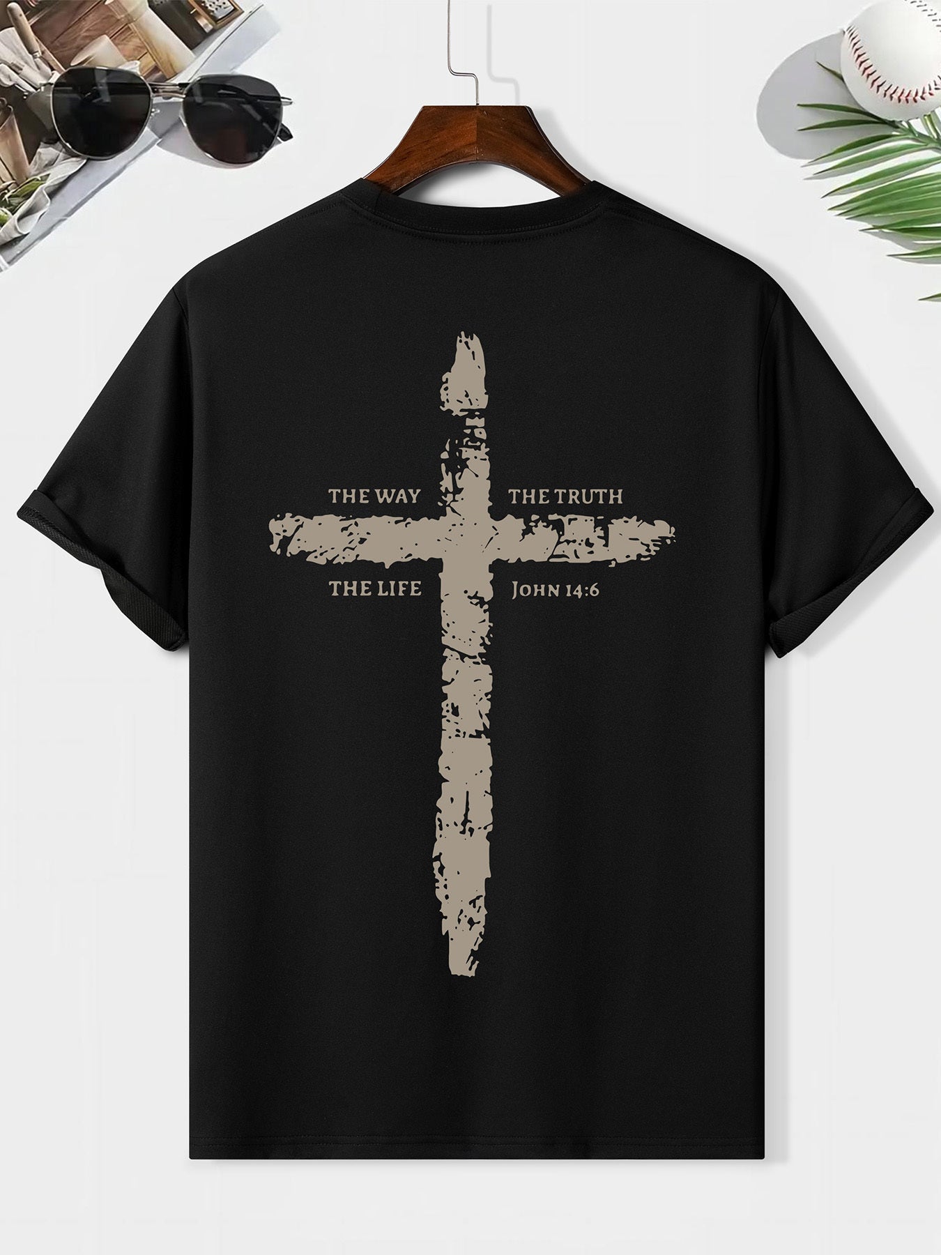 Men's Christian Cross Graphic T-Shirt, The Way The Truth The Life John 14:6 Faith Casual Crew Neck Short Sleeve Top
