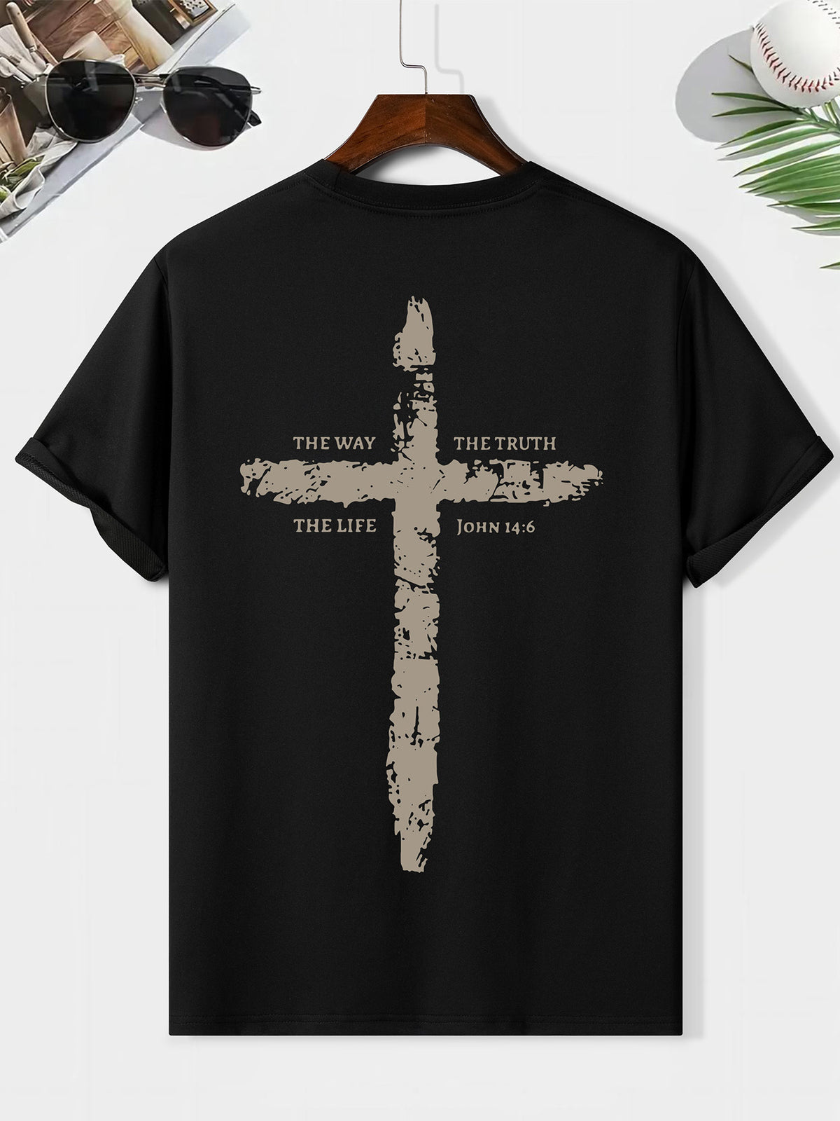 Men's Christian Cross Graphic T-Shirt, The Way The Truth The Life John 14:6 Faith Casual Crew Neck Short Sleeve Top