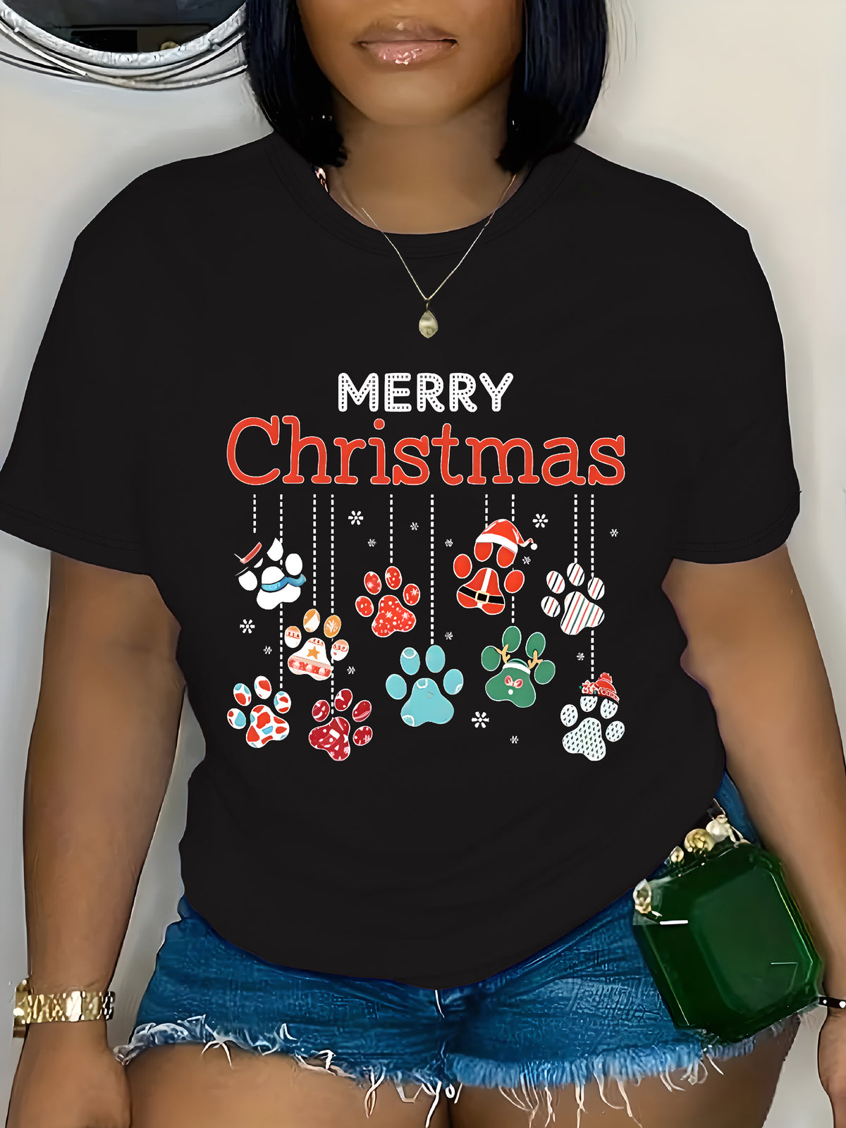 Merry Christmas Paw Print T-Shirt Dog Cat Lover Xmas Tee