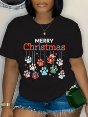 Merry Christmas Paw Print T-Shirt Dog Cat Lover Xmas Tee