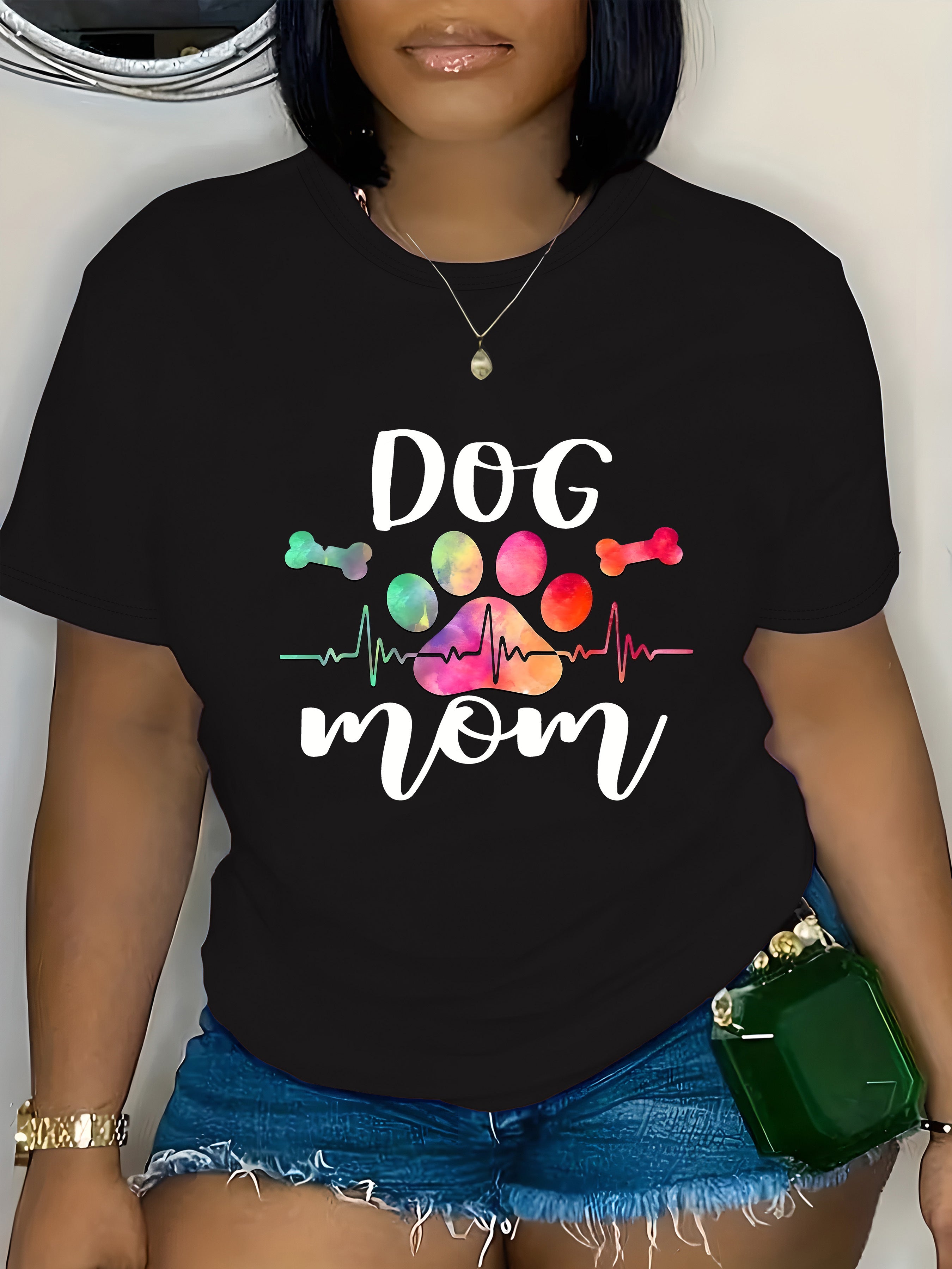 Dog Mom T-Shirt Watercolor Paw Print Heartbeat Tee For Women