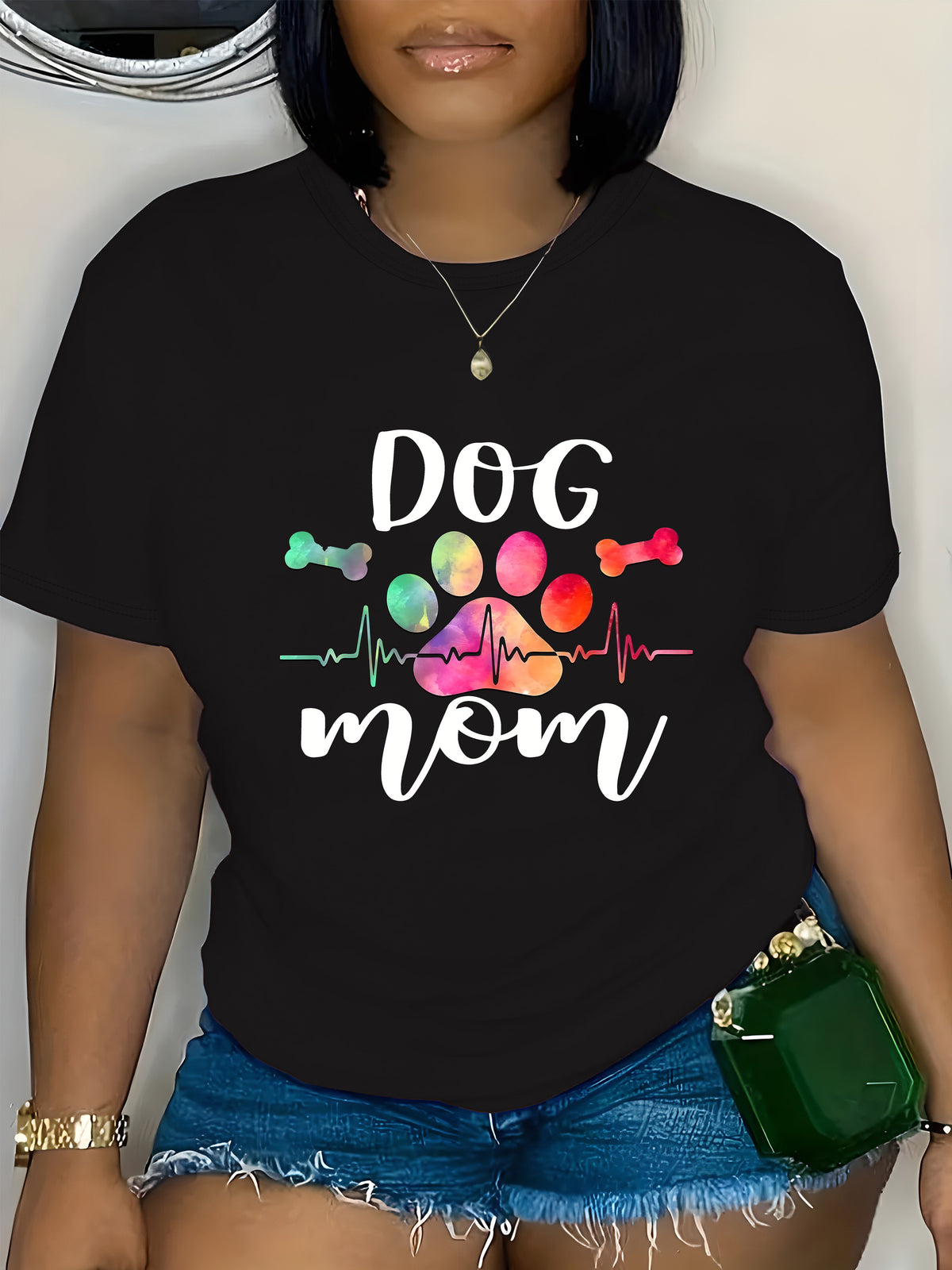Dog Mom T-Shirt Watercolor Paw Print Heartbeat Tee For Women