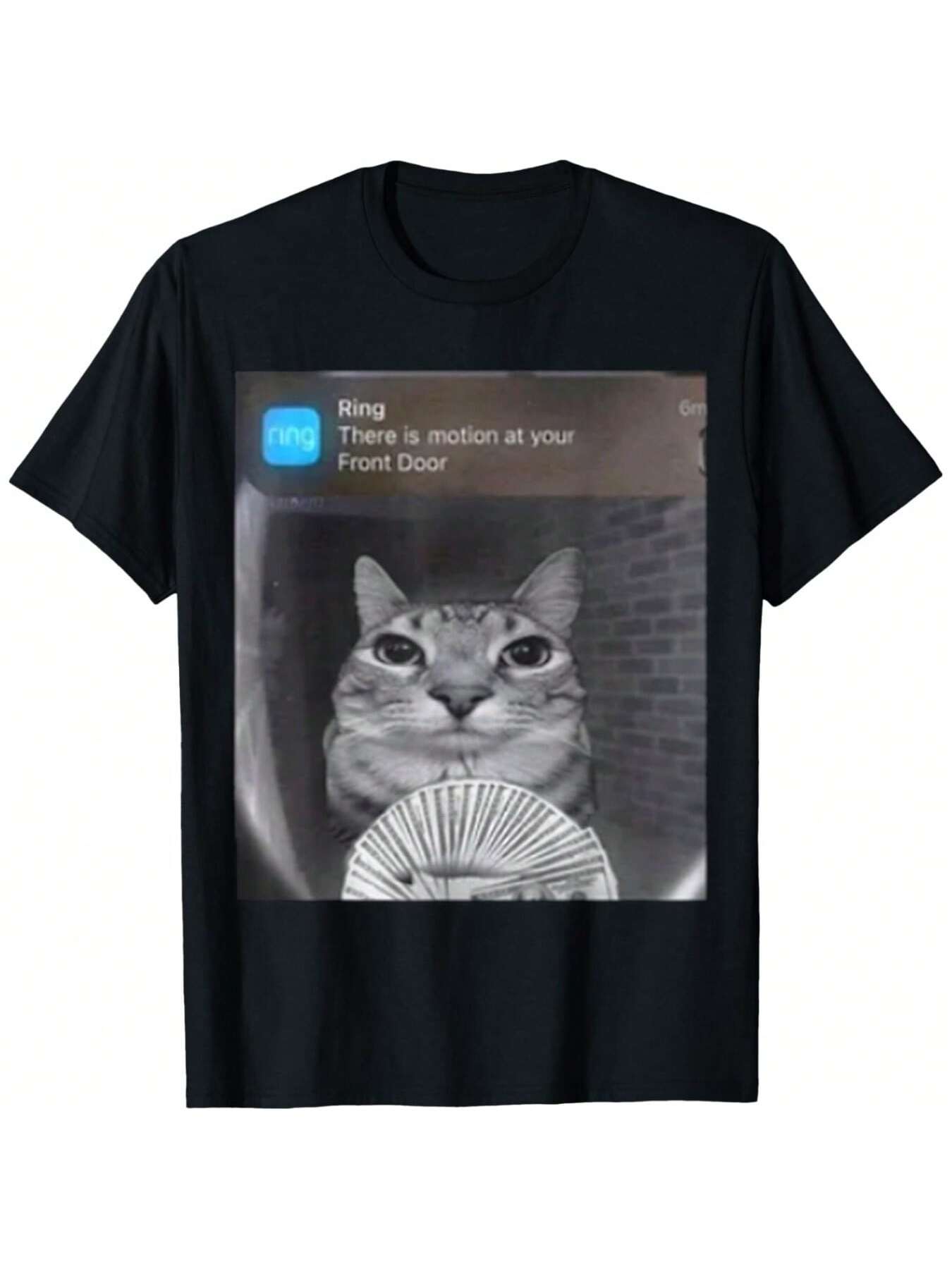 Ring Cat With Motion Meme Print Short Sleeve Tee Unisex Crew Neck Casual Top