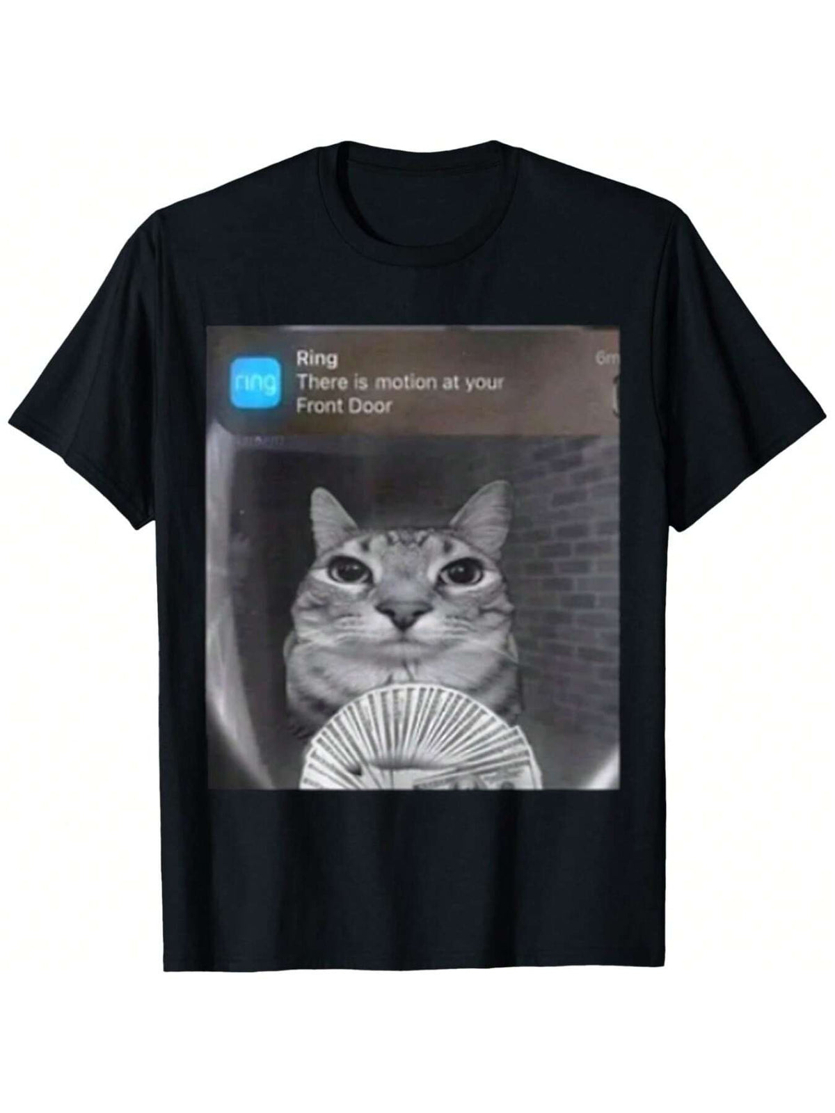 Ring Cat With Motion Meme Print Short Sleeve Tee Unisex Crew Neck Casual Top