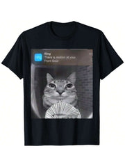 Ring Cat With Motion Meme Print Short Sleeve Tee Unisex Crew Neck Casual Top