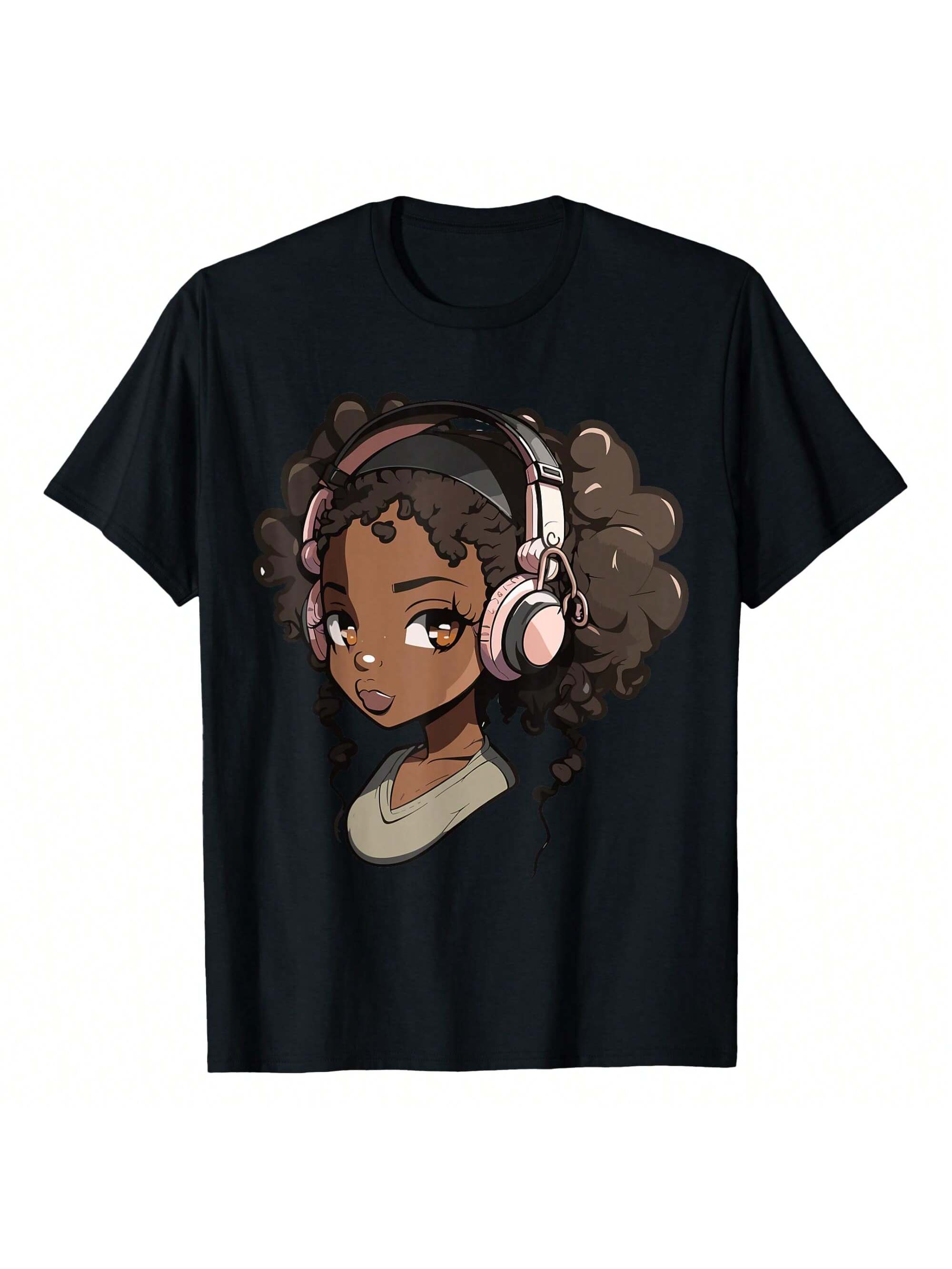 Anime And Music Afro African American Print Cotton Short Sleeve Tee Top