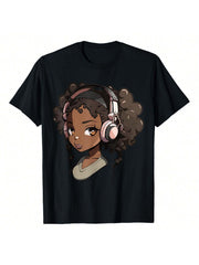 Anime And Music Afro African American Print Cotton Short Sleeve Tee Top