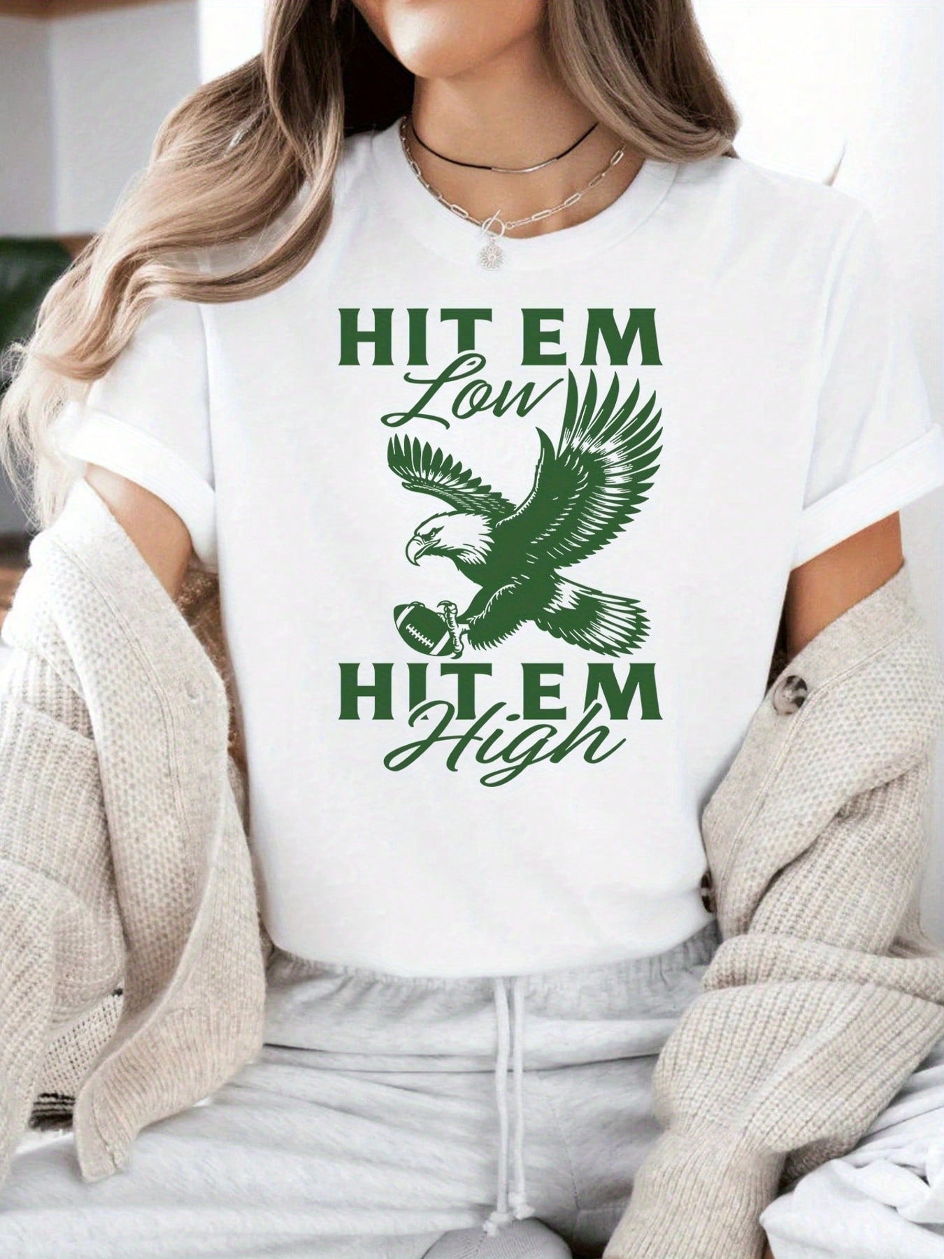 Eagle Flying Graphic Crew Neck Tee Unisex English Print Short Sleeve Top