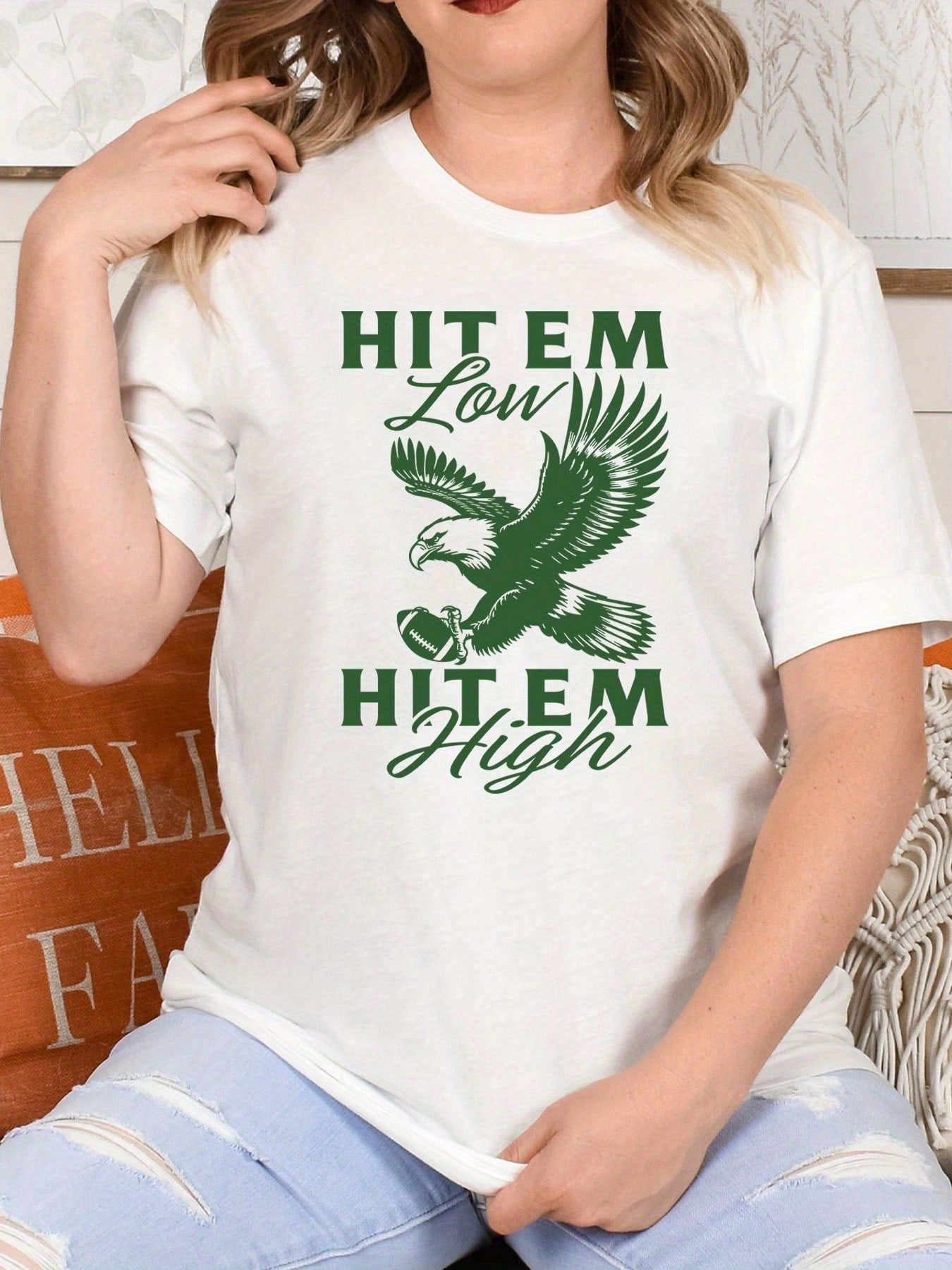 Eagle Flying Graphic Crew Neck Tee Unisex English Print Short Sleeve Top