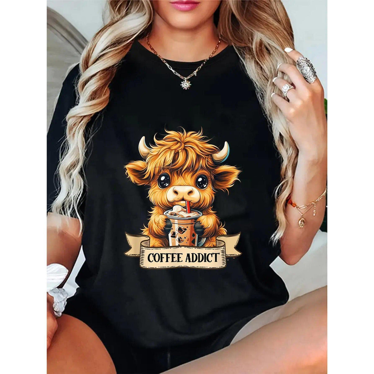 100% Cotton Cute Highland Cow Coffee Addict Funny Drink Coffee Cowgirl T-Shirt