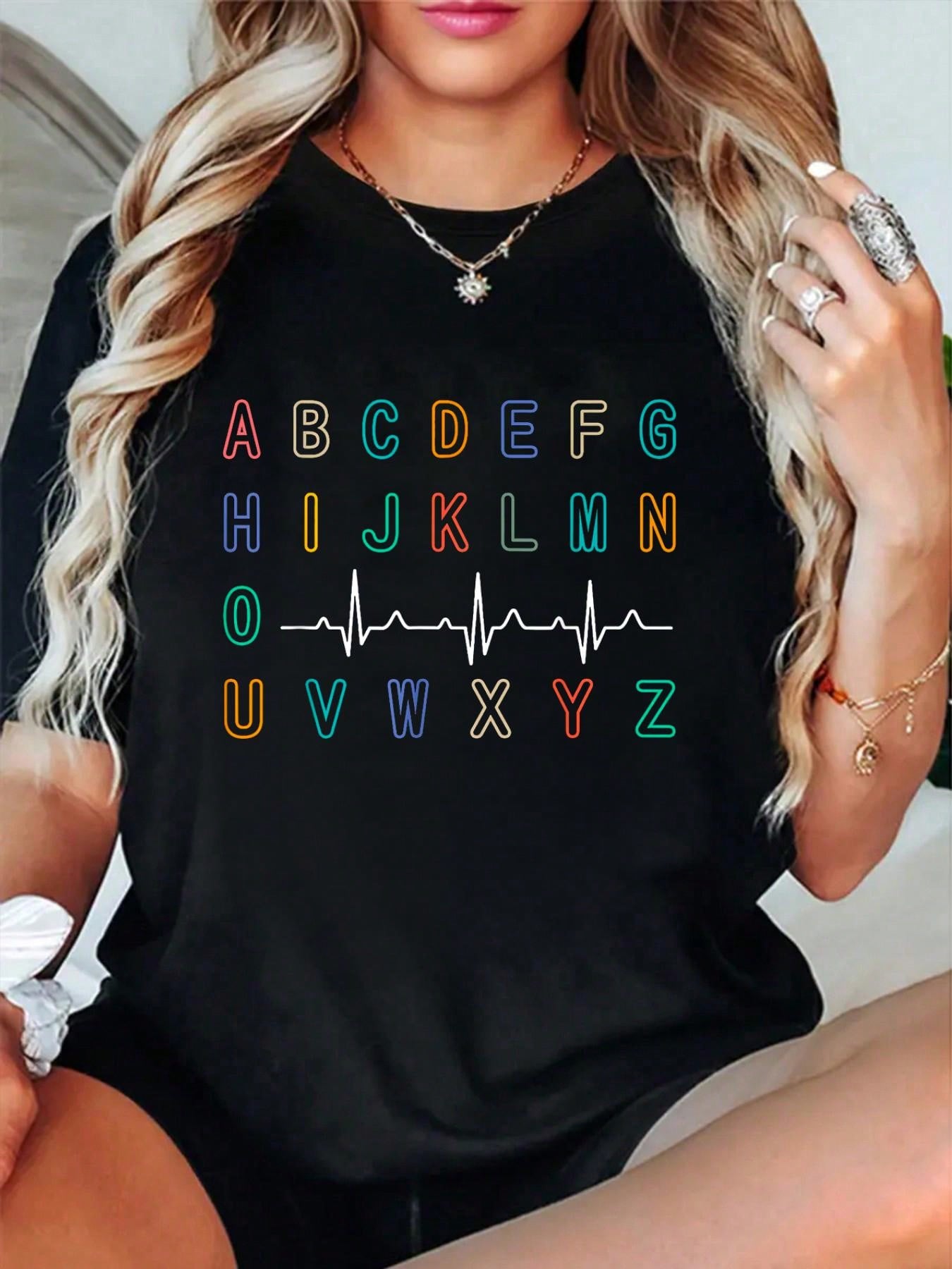 Nurse PQRST ABC EKG Strip Alphabet Print Cotton Short Sleeve Tee Crew Neck Top