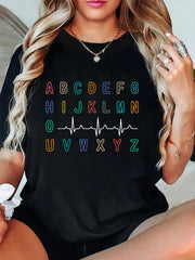 Nurse PQRST ABC EKG Strip Alphabet Print Cotton Short Sleeve Tee Crew Neck Top