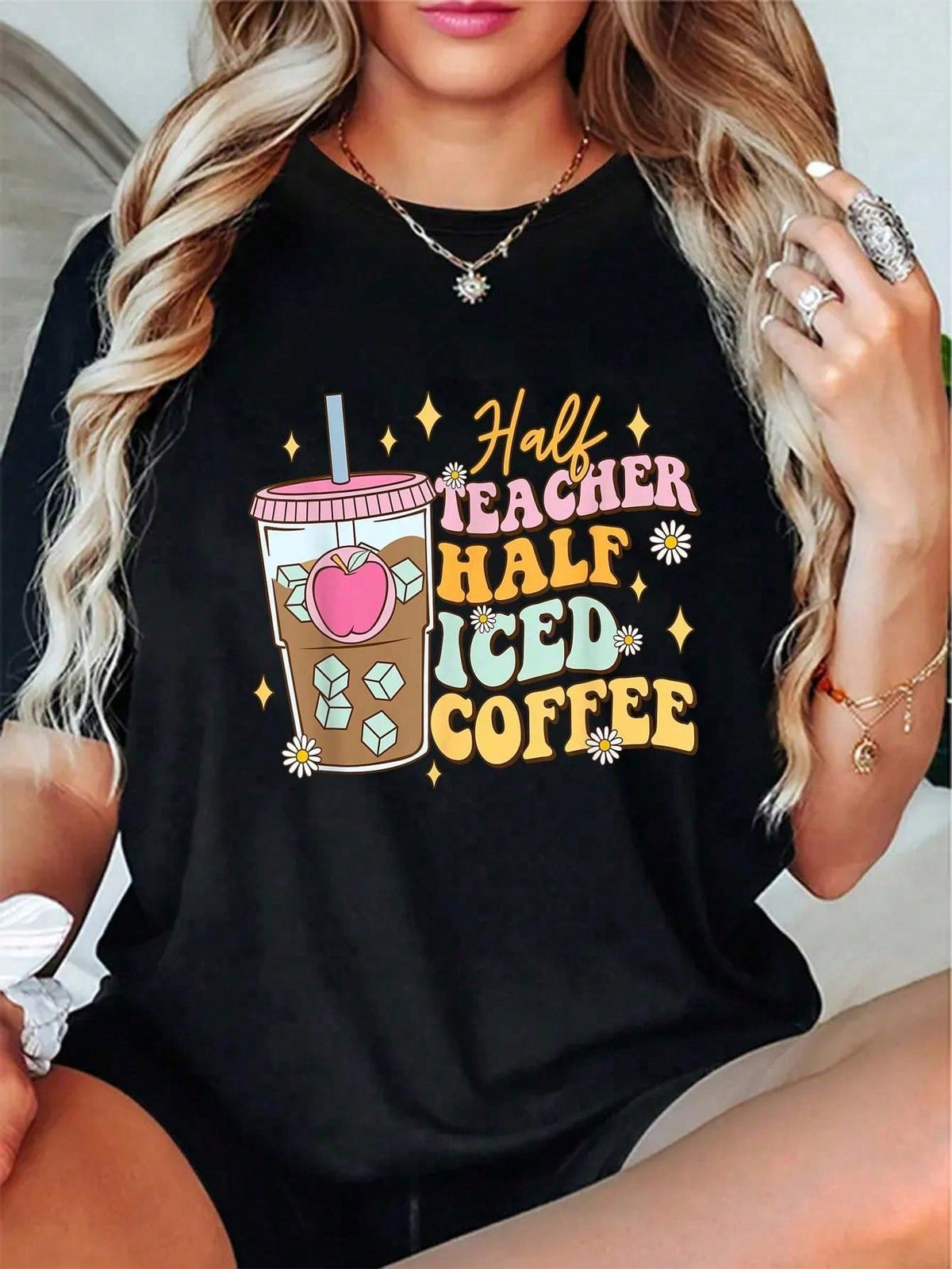 100% Cotton Casual Tshirt Half Teacher Half Iced Coffee Happy First Day Back To School T-Shirt