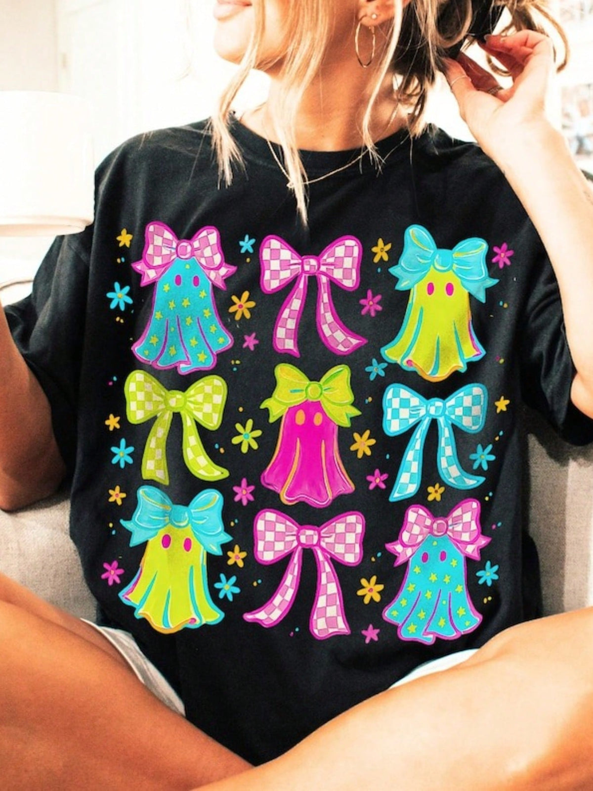 Women's Coquette Preppy Halloween Graphic T‑Shirt, Cute Neon Ghost Checkered Bow Floral Print, Spooky Season Casual Short‑Sleeve Crew Neck Fall Tee