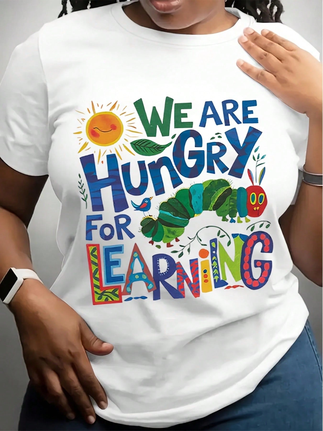 Women'S We Are Hungry For Learning Round Neck T-Shirt - Colorful Educational Design With Sun, Perfect Gift For Book Lovers