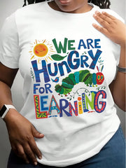 Women'S We Are Hungry For Learning Round Neck T-Shirt - Colorful Educational Design With Sun, Perfect Gift For Book Lovers