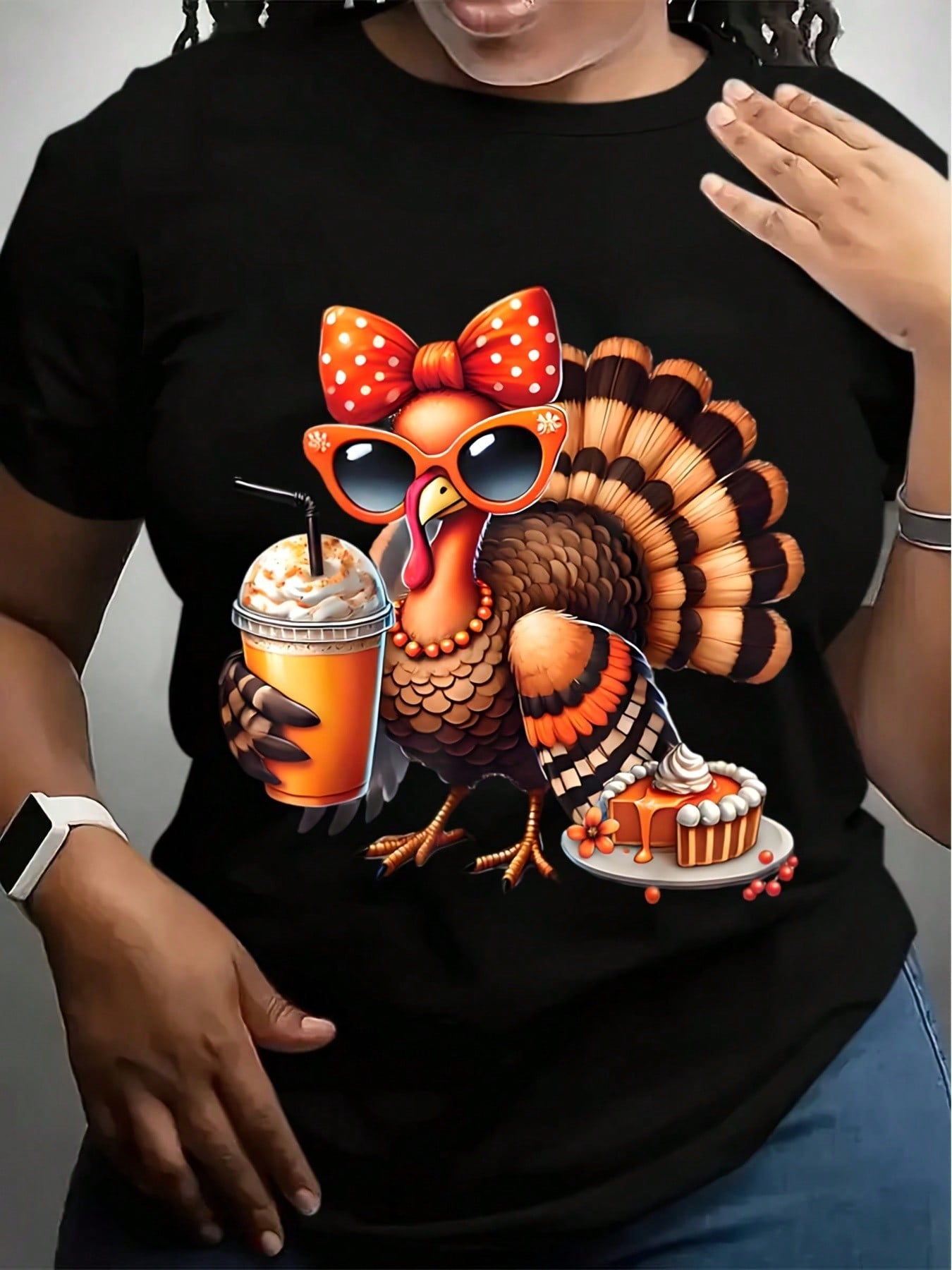 Women's Crew Neck T-Shirt Thanksgiving Turkey With Sunglasses And Pumpkin Pie Print For Festive Season