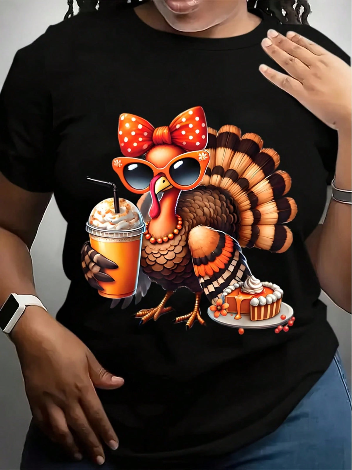 Women's Crew Neck T-Shirt Thanksgiving Turkey With Sunglasses And Pumpkin Pie Print For Festive Season