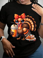 Women's Crew Neck T-Shirt Thanksgiving Turkey With Sunglasses And Pumpkin Pie Print For Festive Season