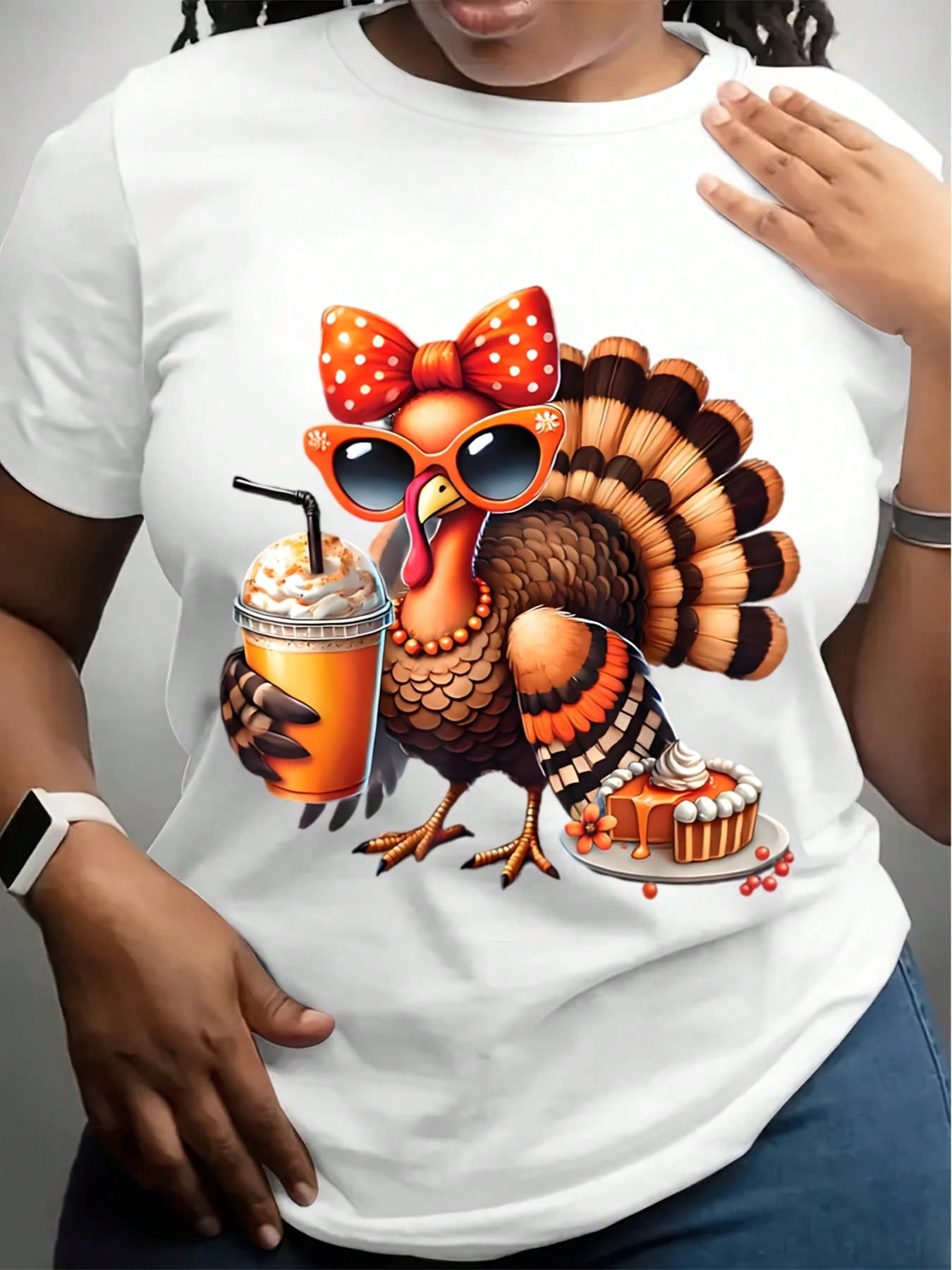 Women's Crew Neck T-Shirt Thanksgiving Turkey With Sunglasses And Pumpkin Pie Print For Festive Season