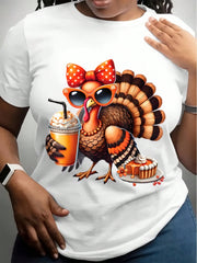 Women's Crew Neck T-Shirt Thanksgiving Turkey With Sunglasses And Pumpkin Pie Print For Festive Season