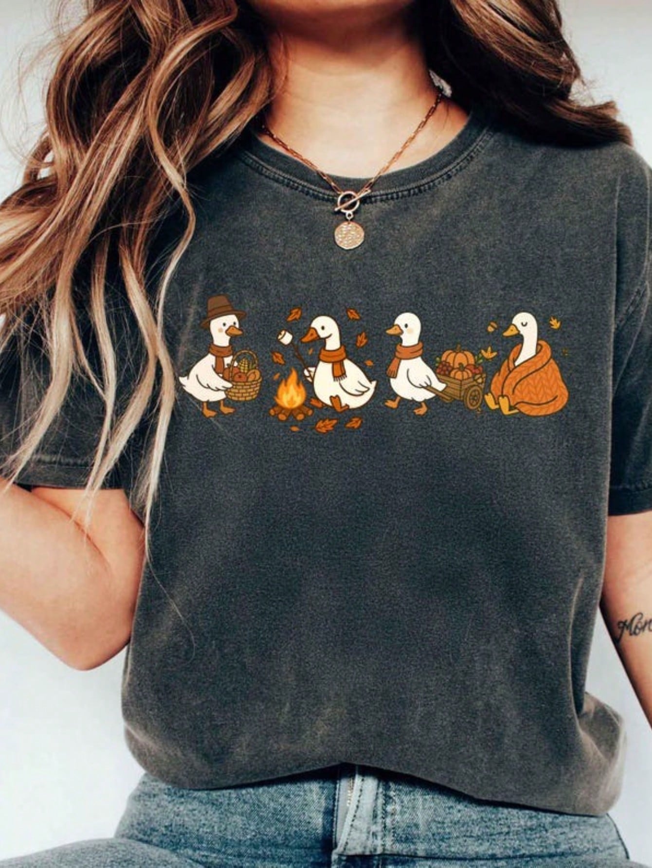 100% Cotton Fall Goose Shirt Autumn Cozy Silly Goose Tshirt Fall Vibes Autumn Thanksgiving Tee Coffee Pumpkin Gourd Tee For Halloween