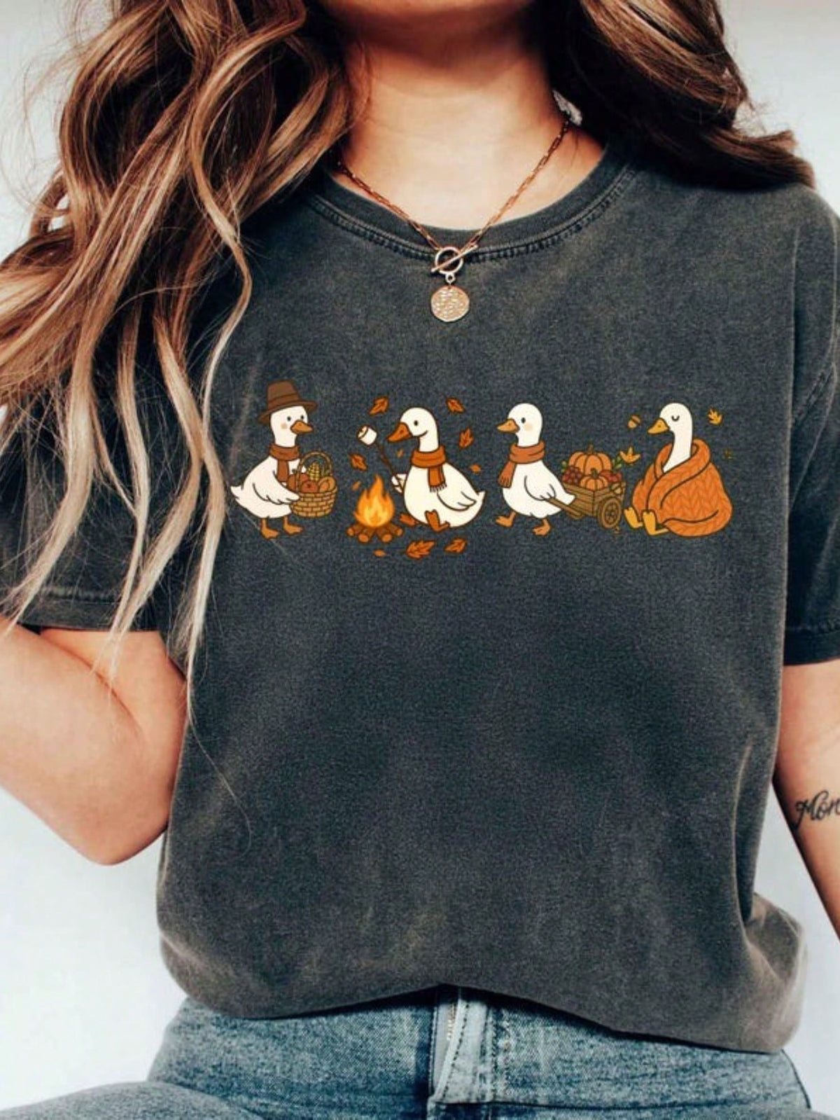 100% Cotton Fall Goose Shirt Autumn Cozy Silly Goose Tshirt Fall Vibes Autumn Thanksgiving Tee Coffee Pumpkin Gourd Tee For Halloween