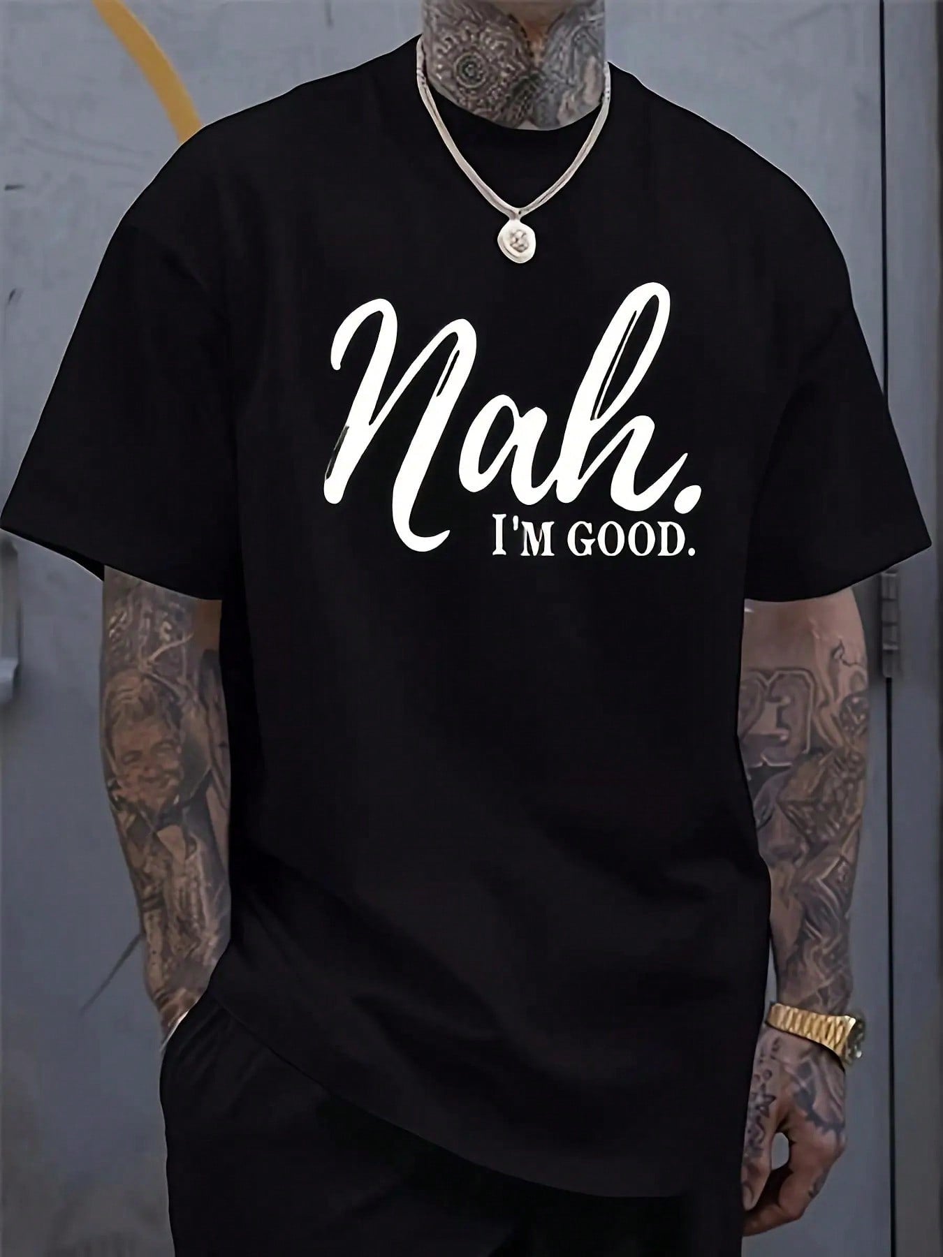 Men's Funny Saying T-Shirt - "Nah...I'm Good" Print Tee - Lightweight Summer Shirt - Black With White Text - Machine Washable Casual Everyday Top For Adults, Leisure Clothing, Urban Style
