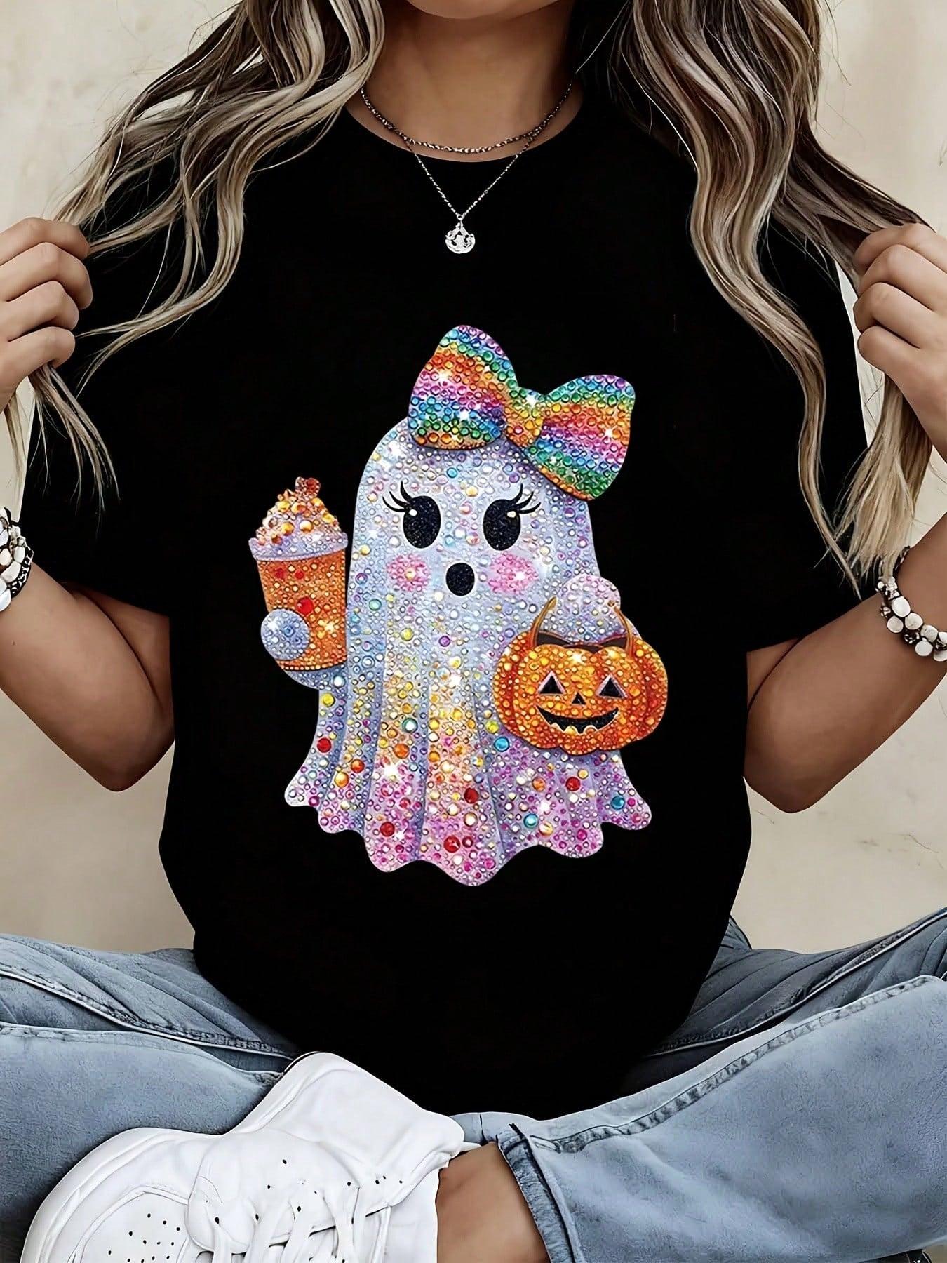 Women's Sequin Ghost Halloween T-Shirt With Rainbow Bow And Pumpkin Print, Cute Spooky Design For Halloween Party