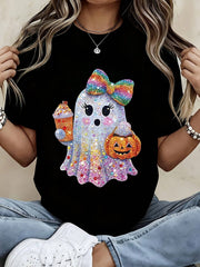 Women's Sequin Ghost Halloween T-Shirt With Rainbow Bow And Pumpkin Print, Cute Spooky Design For Halloween Party