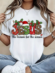 Christmas Jesus The Reason For The Season T-Shirt Women Holiday Festive Christmas Shirt With Plaid Leopard Print Santa Hat Design
